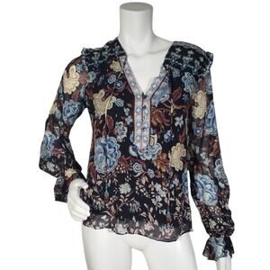 Hale Bob Womens Size Small Vneck Floral Print Ruffle Pullover Tie Neck Boho
